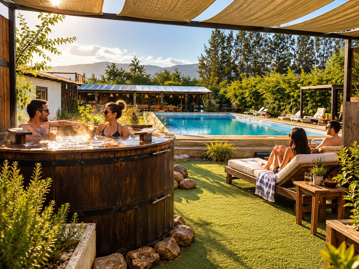 Descanso junto a piscina en ambientación referencial